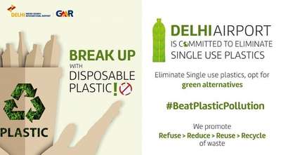 Poster promoting elimination of single-use plastics at Delhi Airport