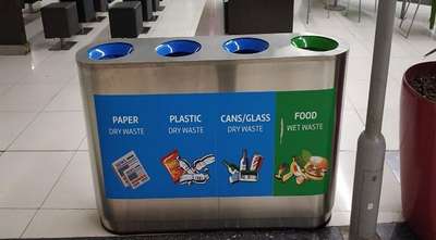 Multi-compartment waste bin for paper, plastic, glass, and food