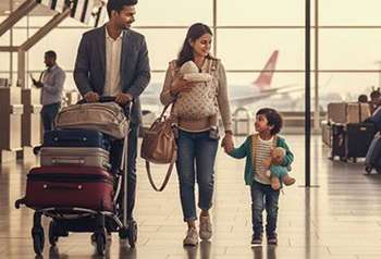 Parents and a child walking through an airport terminal with suitcases.
