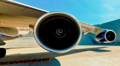 Close-up of aircraft jet engine on ground