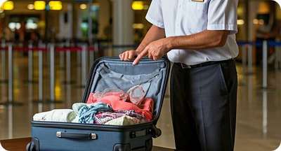 Airport staff inspecting open suitcase