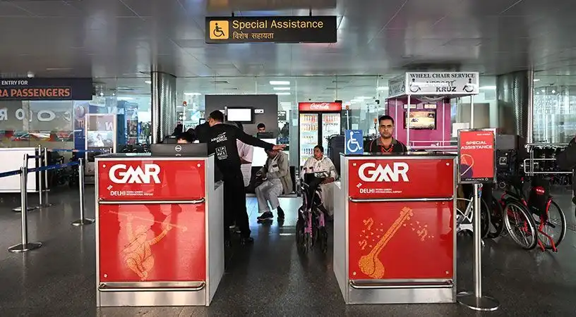 Wheelchairs lined up in airport assistance waiting area