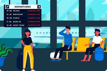 Illustration of passengers waiting by departures board
