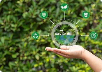 Hand holding sustainability icons with airport symbol
